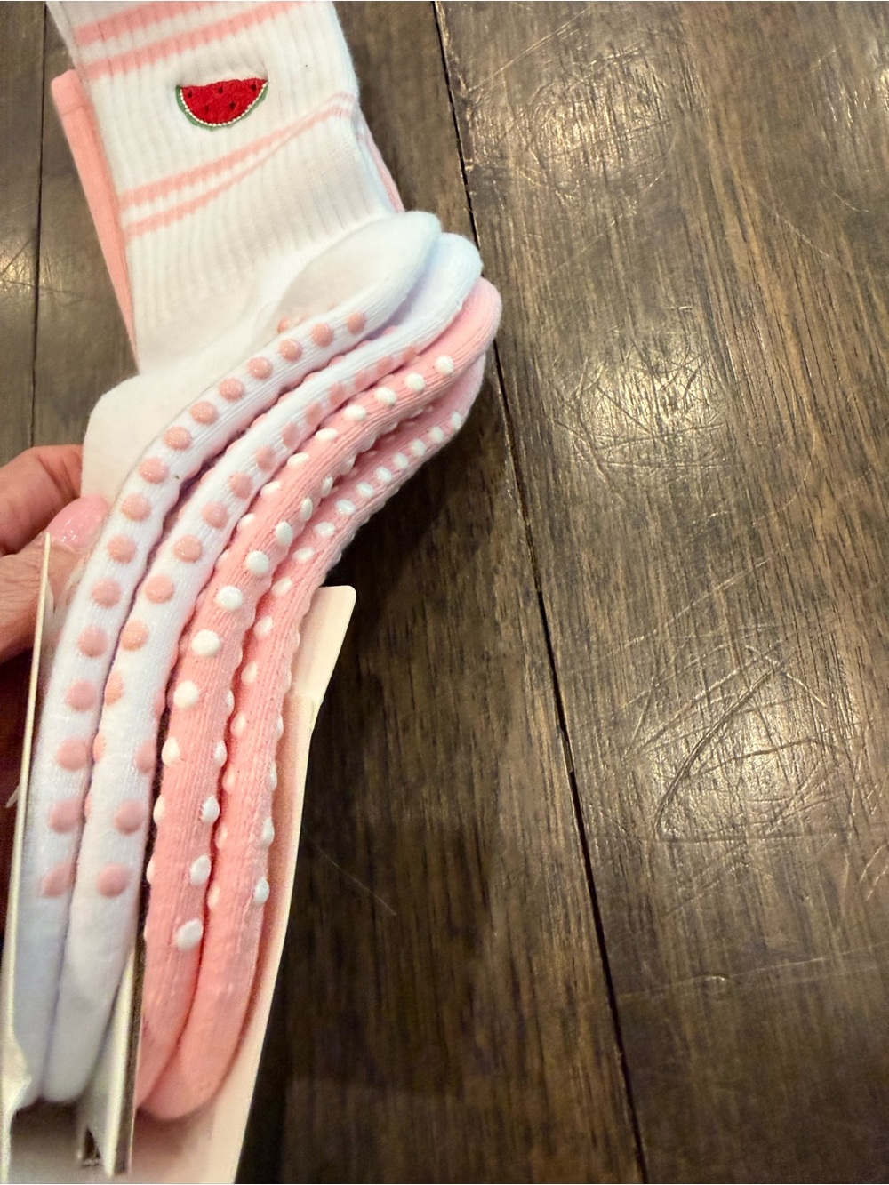 Wildfox White Crew Grip Socks with Pink Trim and Watermelon Patch - Picture 3 of 9